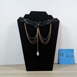 Black Lace Choker Necklace Gold tone Chain Drape faux Pearl Gothic Victorian 18”